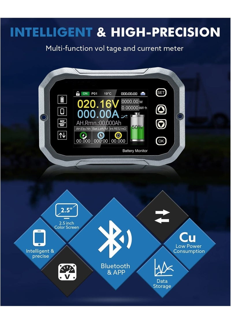 100A Smart Battery Monitor - RV Battery Monitor with Shunt Support High/Low Voltage Programmable Alarm for Battery 0V-120V Support Bluetooth for 12V Lithium Sealed, Gel, Flooded Batteries