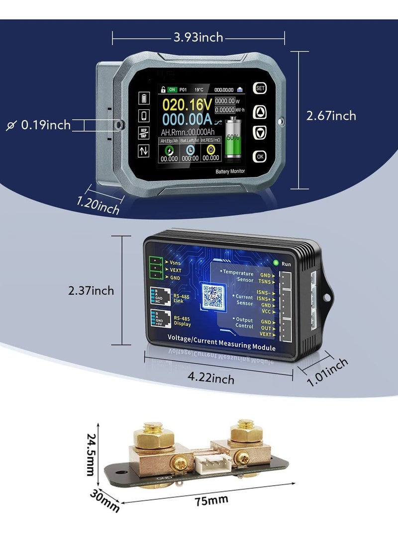 100A Smart Battery Monitor - RV Battery Monitor with Shunt Support High/Low Voltage Programmable Alarm for Battery 0V-120V Support Bluetooth for 12V Lithium Sealed, Gel, Flooded Batteries