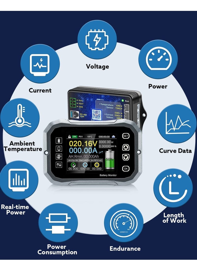 100A Smart Battery Monitor - RV Battery Monitor with Shunt Support High/Low Voltage Programmable Alarm for Battery 0V-120V Support Bluetooth for 12V Lithium Sealed, Gel, Flooded Batteries