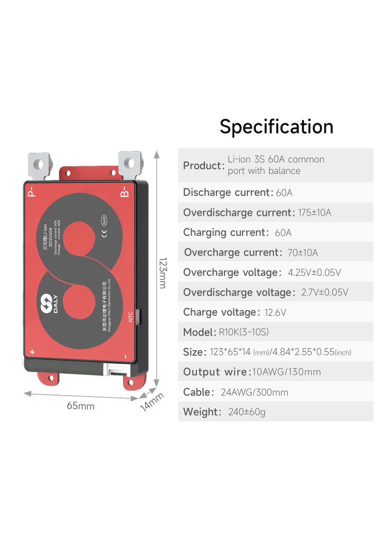 DALY 3S 12V 60A Li-ion Battery Management System (BMS) – Hardware Version for 12V Lithium-ion Battery Packs