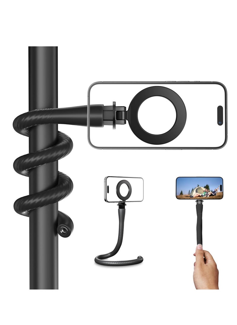 Magnetic Flexible Phone Mount Clamp, Tripod Stand Stick Pole, Adjustable Gooseneck Tripod, Phone Holder Attach Stand Accessories Arm Mount, for Phones, Stroller Treadmill Tube Bike Motorcycle, Black