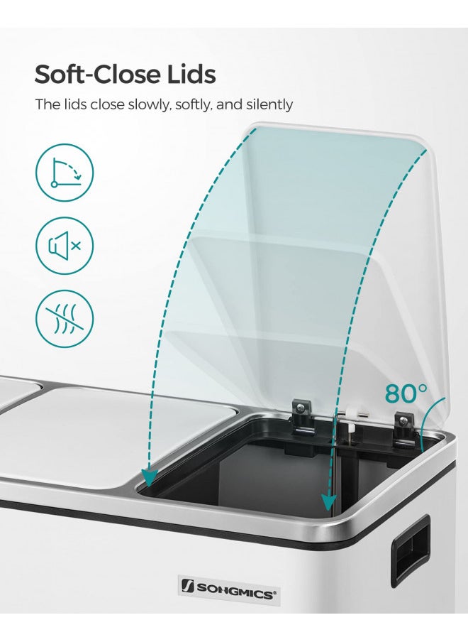 SONGMICS Trash Can, 3 x 4.8 Gallon Garbage Can, 14.4 Gallon Recycle Bin with Soft-Close Lids, Pedals, and Inner Buckets for Kitchen, Stainless Steel, White ULTB154W01