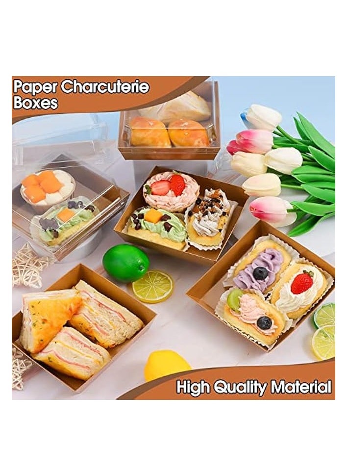 50 Pack Clear-Lid Charcuterie Boxes, Oil-Proof Kraft Paper Dessert Containers for Bakery, Sandwiches, Cookies, and Mini Cakes