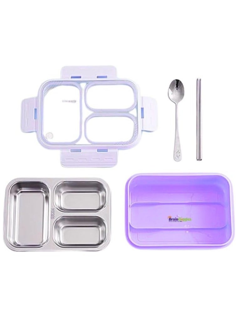 BrainGiggles Bento Lunch Box with 3 Compartments, Leak Proof BPA Free Stainless Steel Bento Box for Kids and Adults | Insulated Tiffin Box for School and Office (PURPLE)