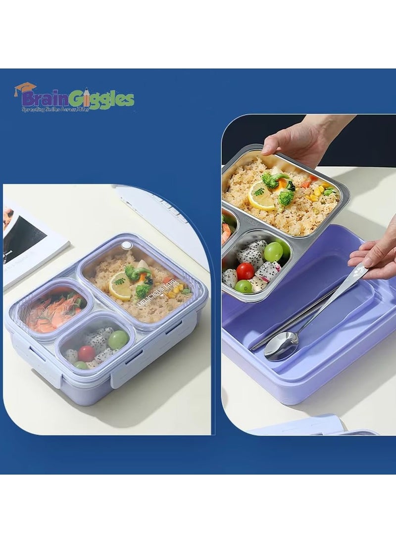 BrainGiggles Bento Lunch Box with 3 Compartments, Leak Proof BPA Free Stainless Steel Bento Box for Kids and Adults | Insulated Tiffin Box for School and Office (PURPLE)