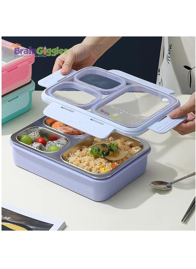 BrainGiggles Bento Lunch Box with 3 Compartments, Leak Proof BPA Free Stainless Steel Bento Box for Kids and Adults | Insulated Tiffin Box for School and Office (PURPLE)