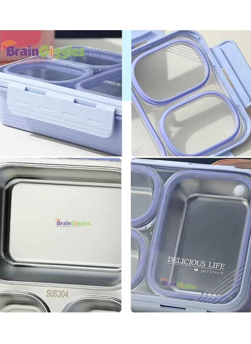 BrainGiggles Bento Lunch Box with 3 Compartments, Leak Proof BPA Free Stainless Steel Bento Box for Kids and Adults | Insulated Tiffin Box for School and Office (PURPLE)