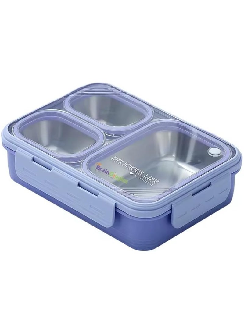 BrainGiggles Bento Lunch Box with 3 Compartments, Leak Proof BPA Free Stainless Steel Bento Box for Kids and Adults | Insulated Tiffin Box for School and Office (PURPLE)