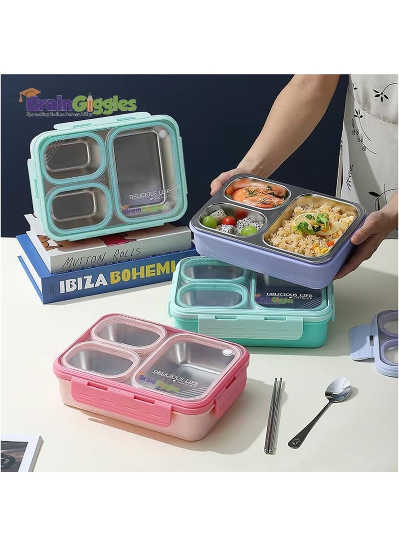 BrainGiggles Bento Lunch Box with 3 Compartments, Leak Proof BPA Free Stainless Steel Bento Box for Kids and Adults | Insulated Tiffin Box for School and Office (PURPLE)