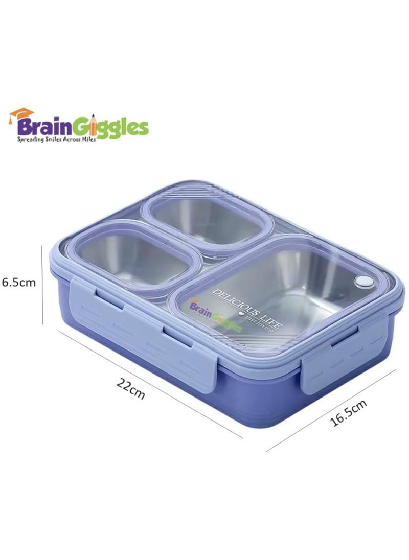 BrainGiggles Bento Lunch Box with 3 Compartments, Leak Proof BPA Free Stainless Steel Bento Box for Kids and Adults | Insulated Tiffin Box for School and Office (PURPLE)