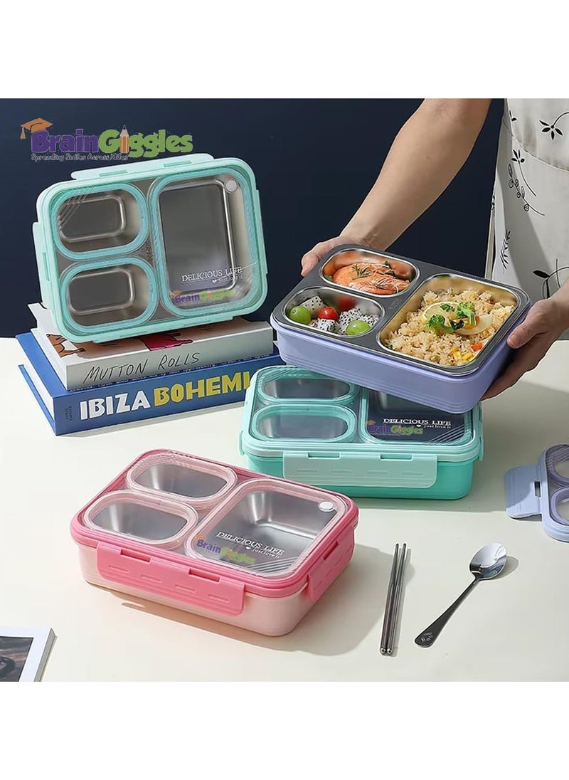 BrainGiggles Bento Lunch Box with 3 Compartments, Leak Proof BPA Free Stainless Steel Bento Box for Kids and Adults | Insulated Tiffin Box for School and Office (GREEN)