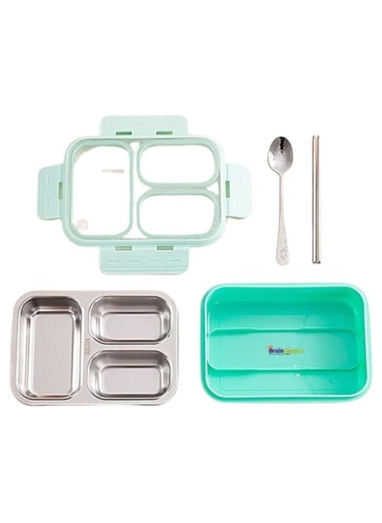 BrainGiggles Bento Lunch Box with 3 Compartments, Leak Proof BPA Free Stainless Steel Bento Box for Kids and Adults | Insulated Tiffin Box for School and Office (GREEN)