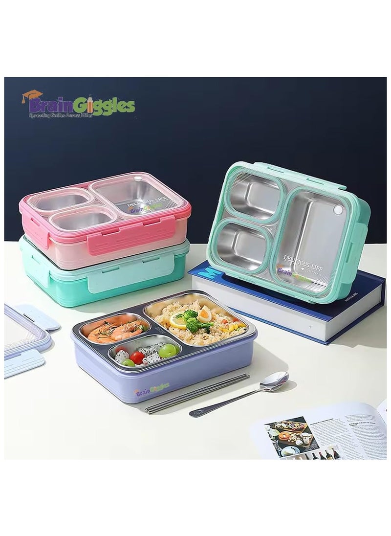 BrainGiggles Bento Lunch Box with 3 Compartments, Leak Proof BPA Free Stainless Steel Bento Box for Kids and Adults | Insulated Tiffin Box for School and Office (GREEN)