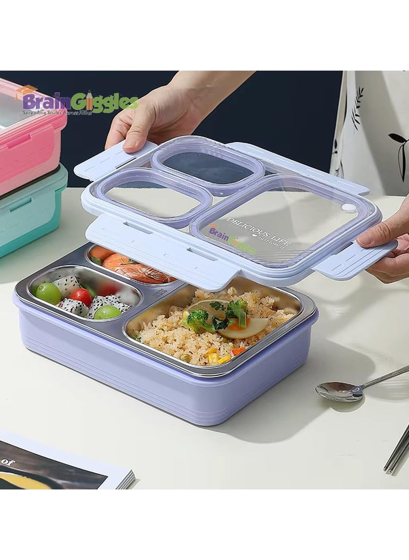 BrainGiggles Bento Lunch Box with 3 Compartments, Leak Proof BPA Free Stainless Steel Bento Box for Kids and Adults | Insulated Tiffin Box for School and Office (GREEN)