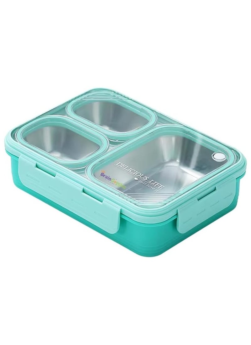 BrainGiggles Bento Lunch Box with 3 Compartments, Leak Proof BPA Free Stainless Steel Bento Box for Kids and Adults | Insulated Tiffin Box for School and Office (GREEN)