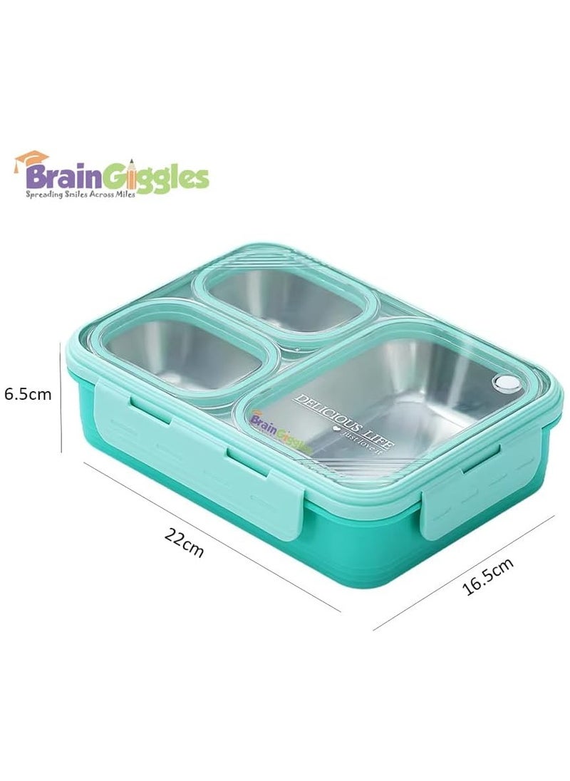 BrainGiggles Bento Lunch Box with 3 Compartments, Leak Proof BPA Free Stainless Steel Bento Box for Kids and Adults | Insulated Tiffin Box for School and Office (GREEN)