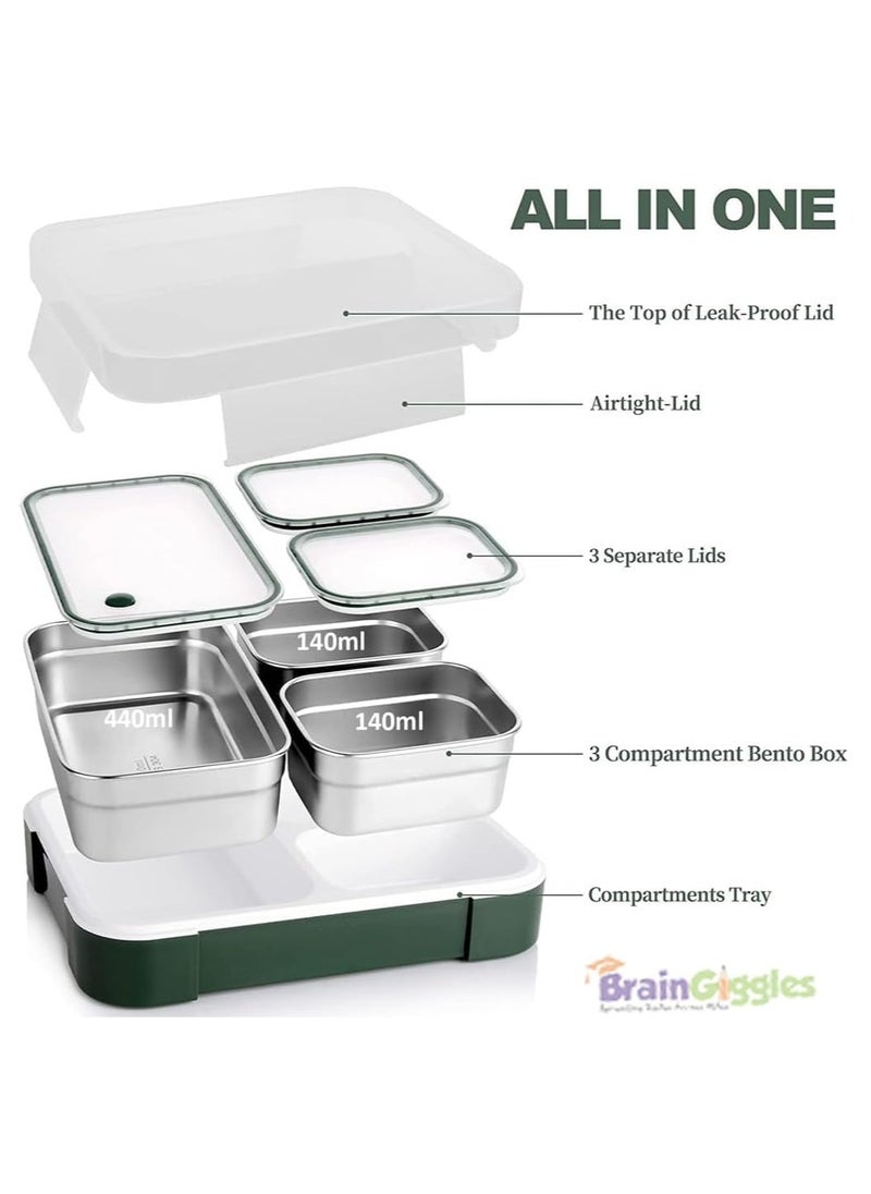 BrainGiggles Insulated Leakproof BPA- Free Stainless Steel Bento Lunchbox, Airtight and Compact Lunch Box for Adults and Kids with 3 Independent Compartments (Green)