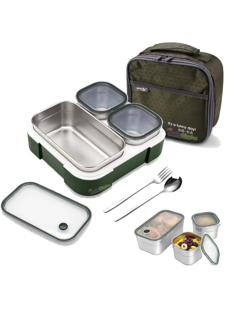 BrainGiggles Insulated Leakproof BPA- Free Stainless Steel Bento Lunchbox, Airtight and Compact Lunch Box for Adults and Kids with 3 Independent Compartments (Green)