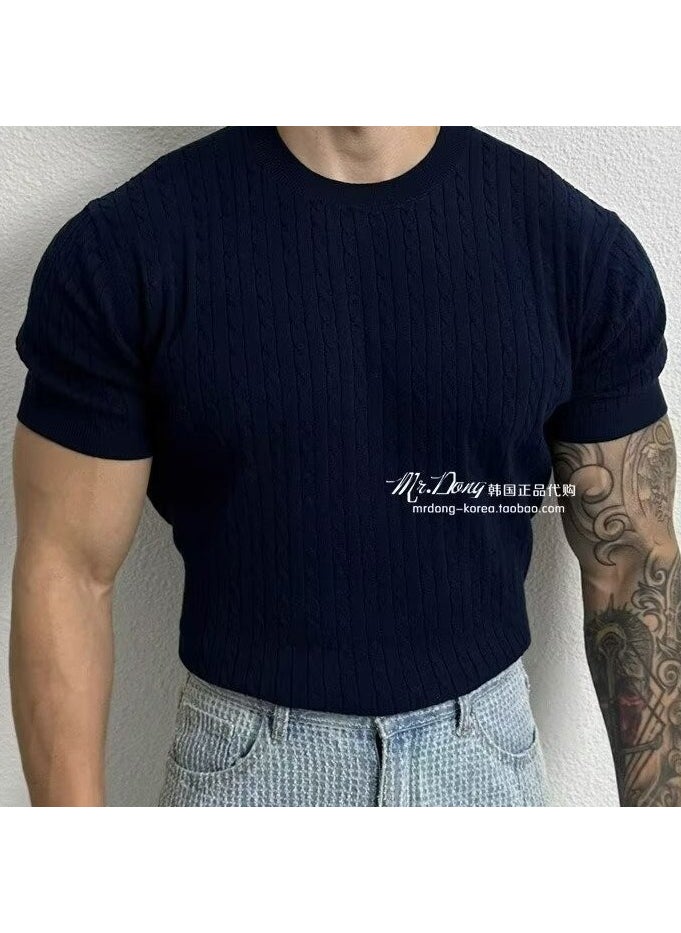 Summer Slim Fit Knit Tee Vertical Stripe Design Blue