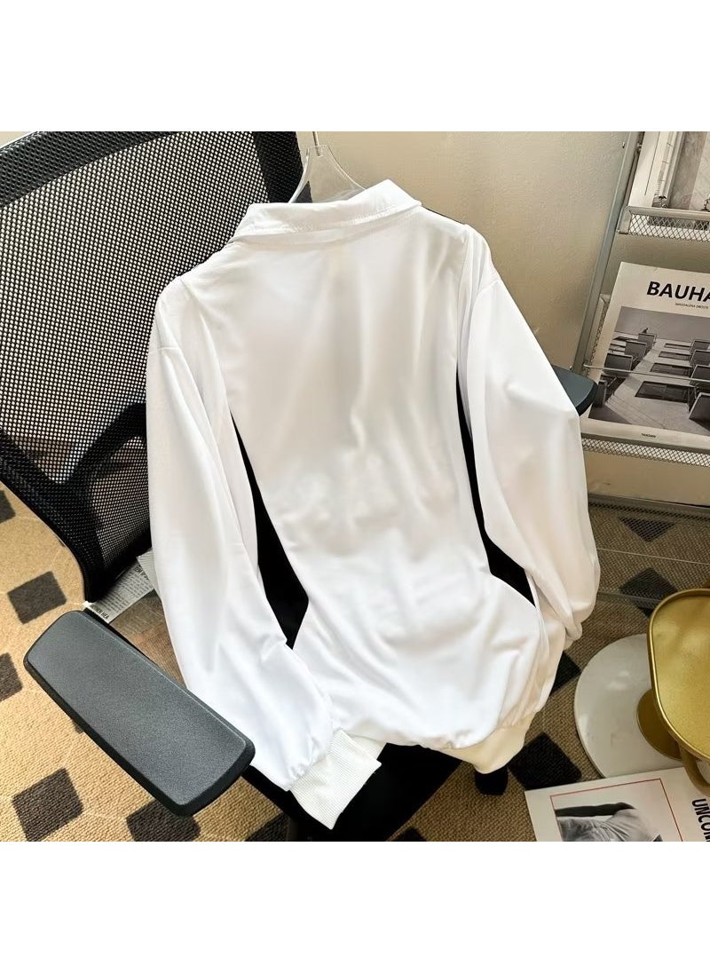 Retro Colorblock Polo Sweatshirt Men Casual Autumn White