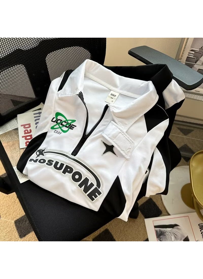 Retro Colorblock Polo Sweatshirt Men Casual Autumn White