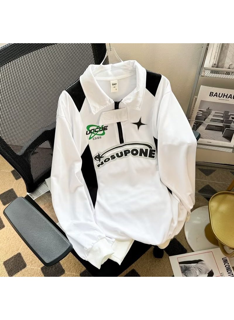 Retro Colorblock Polo Sweatshirt Men Casual Autumn White