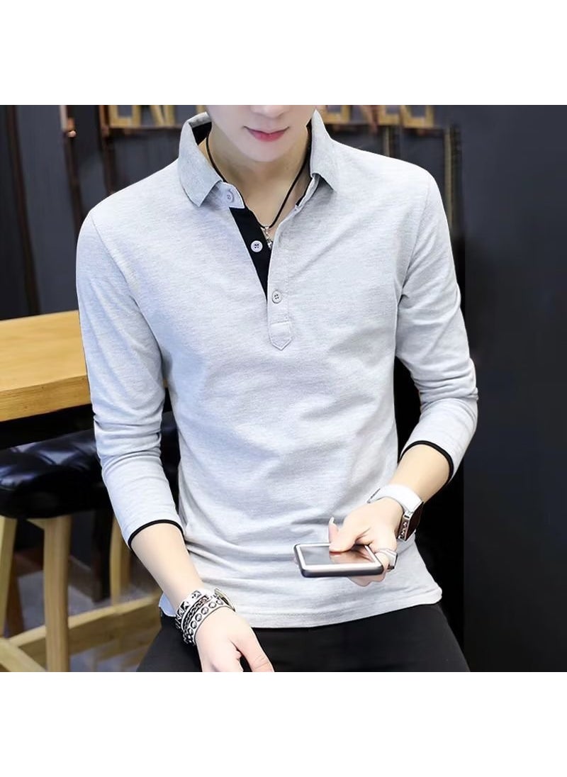 Mens Long Sleeve Polo Shirt Casual Slim Fit Gray