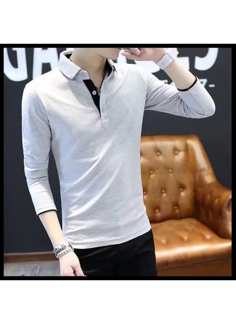 Mens Long Sleeve Polo Shirt Casual Slim Fit Gray