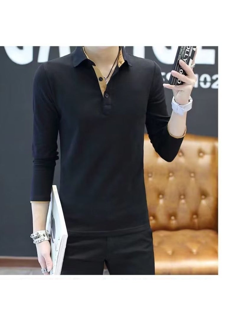 Mens Long Sleeve Polo Shirt Casual Slim Fit Black