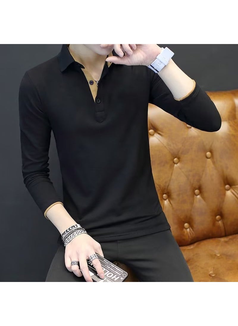 Mens Long Sleeve Polo Shirt Casual Slim Fit Black