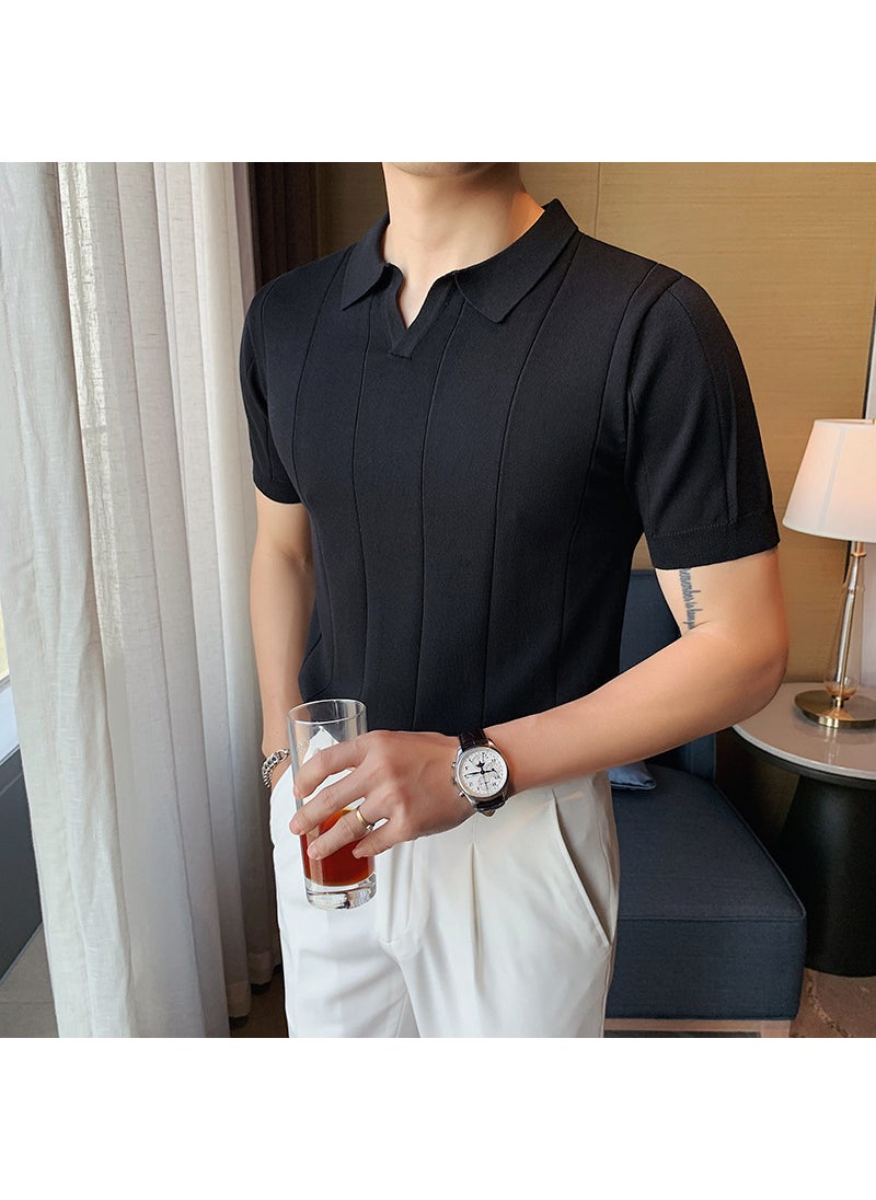 2023 Summer Ice Silk Knit Polo Contrast Hollow Stripe Slim Fit Collar Tee Black Green