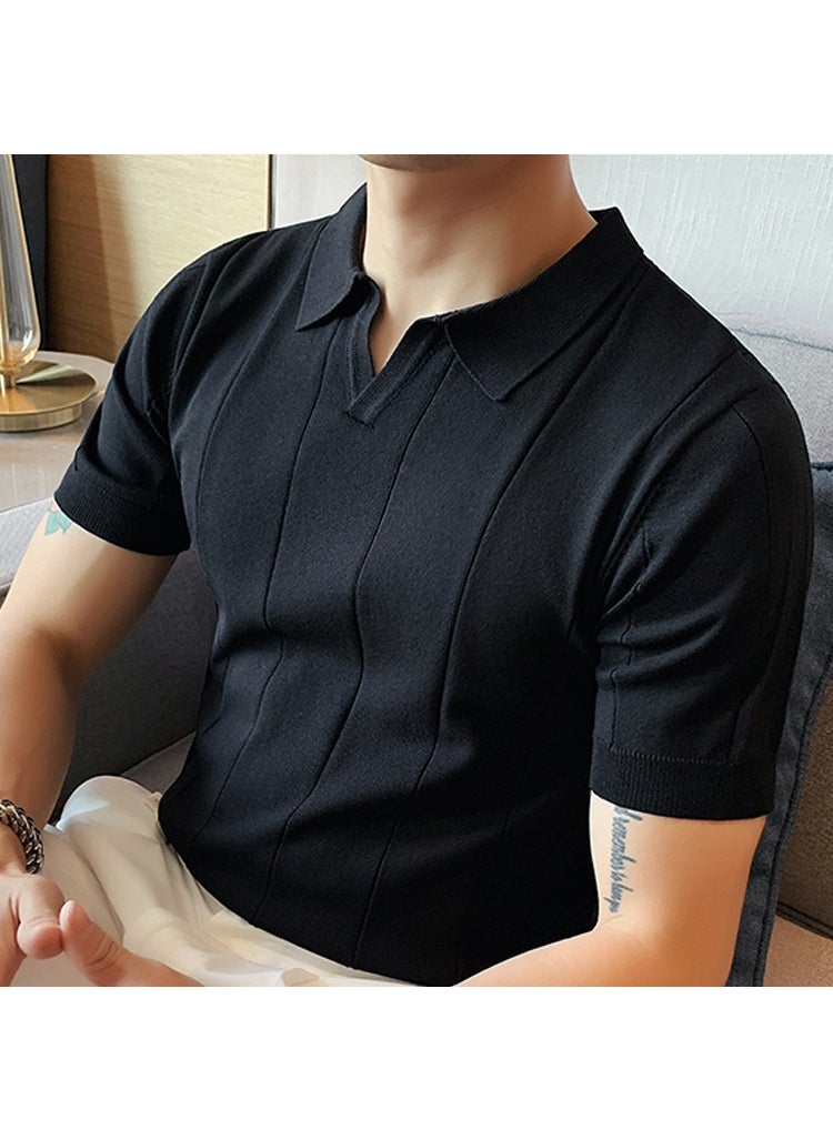 2023 Summer Ice Silk Knit Polo Contrast Hollow Stripe Slim Fit Collar Tee Black Green