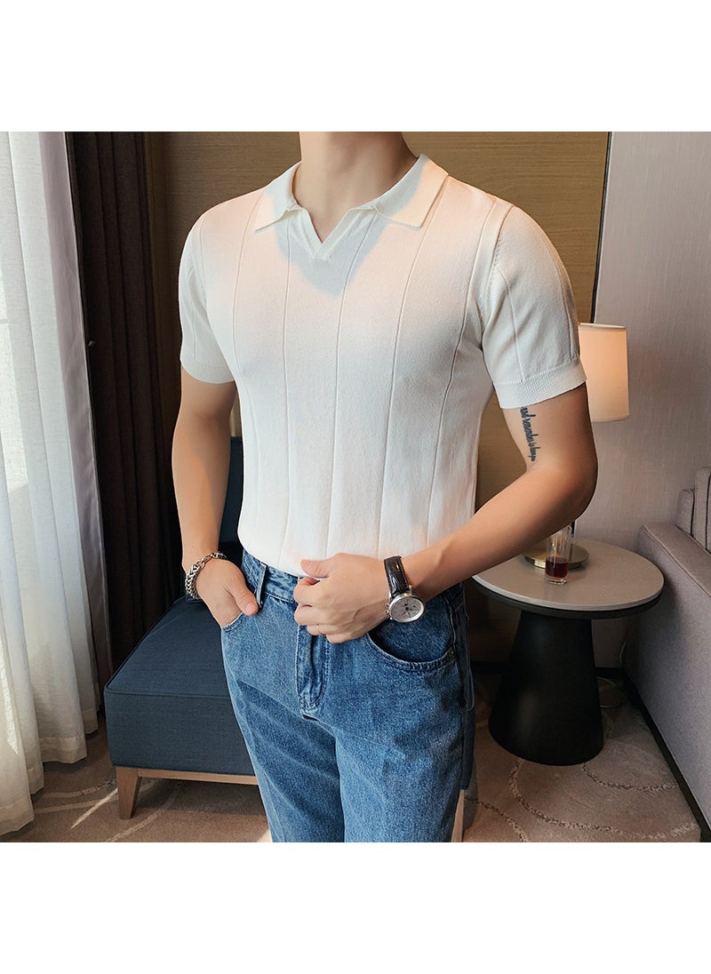 2023 Summer Ice Silk Knit Polo Contrast Hollow Stripe Slim Fit Collar Tee Black Green