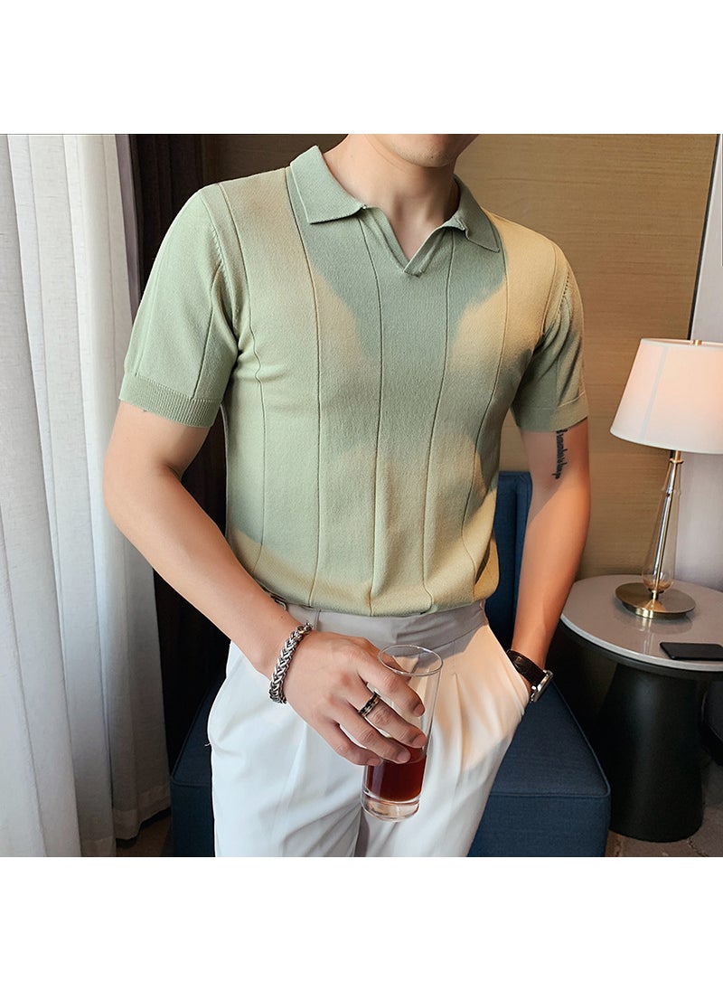 2023 Summer Ice Silk Knit Polo Contrast Hollow Stripe Slim Fit Collar Tee Black Green