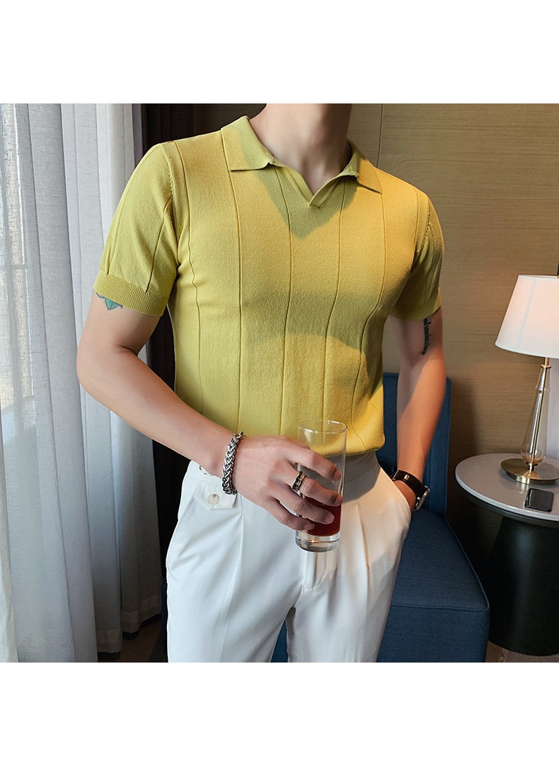 2023 Summer Ice Silk Knit Polo Contrast Hollow Stripe Slim Fit Collar Tee Black Yellow