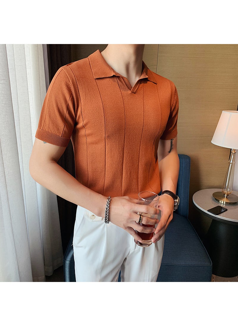 2023 Summer Ice Silk Knit Polo Contrast Hollow Stripe Slim Fit Collar Tee Black Orange