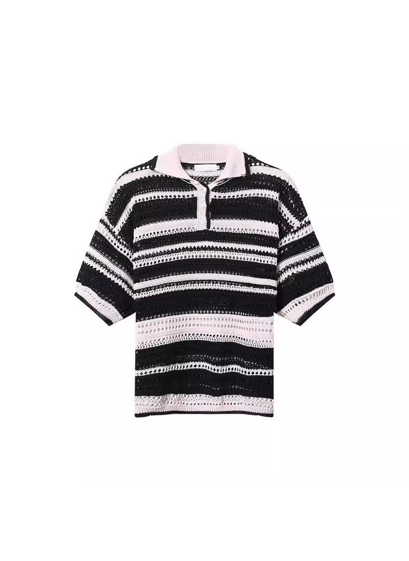 Retro American Striped Knit Polo Shirt Color