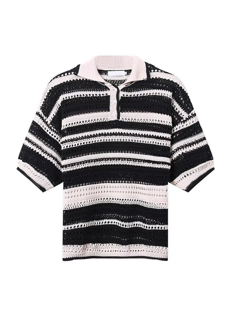 Retro American Striped Knit Polo Shirt Color