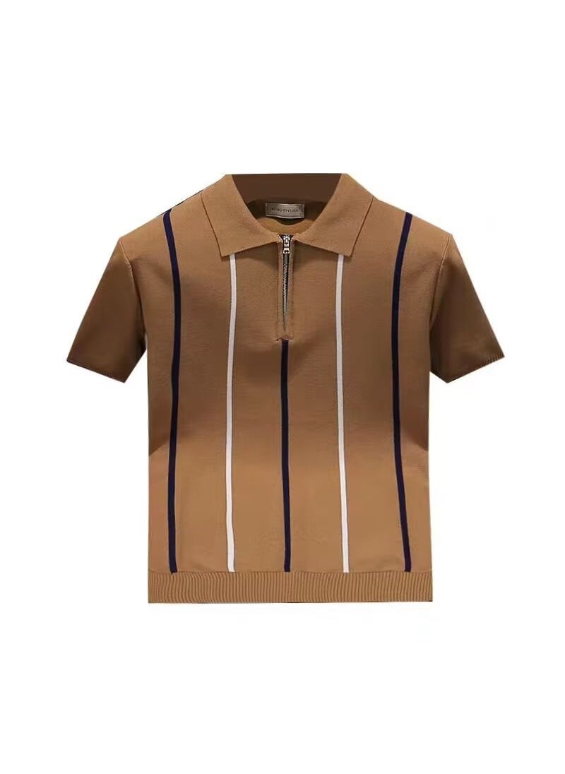 Mens Slim Fit Striped Zip Polo Shirt Summer Trend Blue