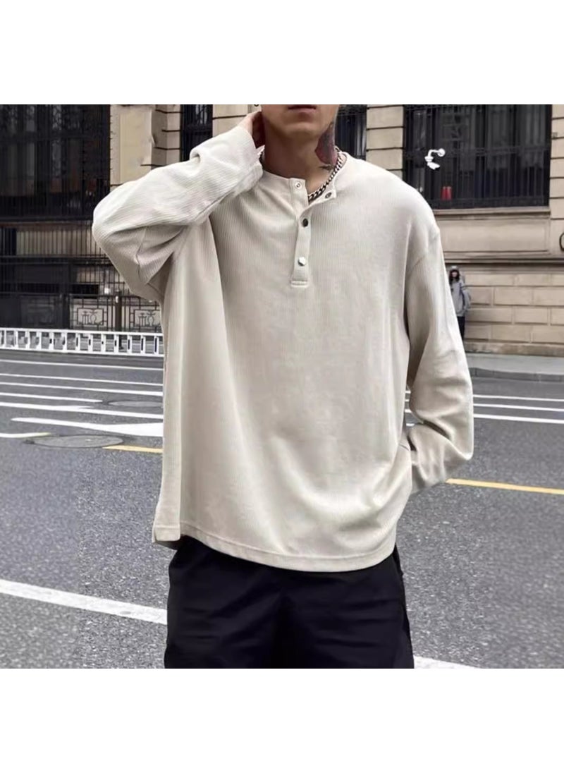 Oversized 300kg Henley Long Sleeve T-Shirt Unisex Spring Autumn Retro Pullover Polo Top Gray