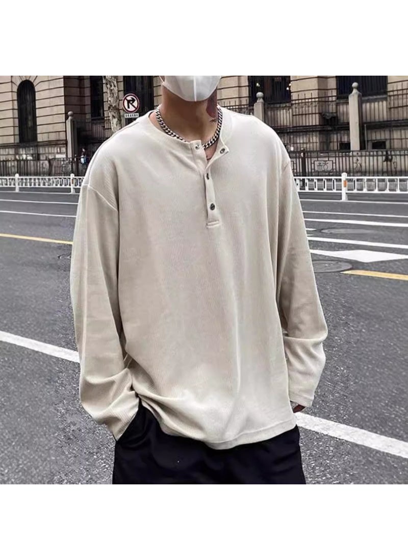 Oversized 300kg Henley Long Sleeve T-Shirt Unisex Spring Autumn Retro Pullover Polo Top Gray