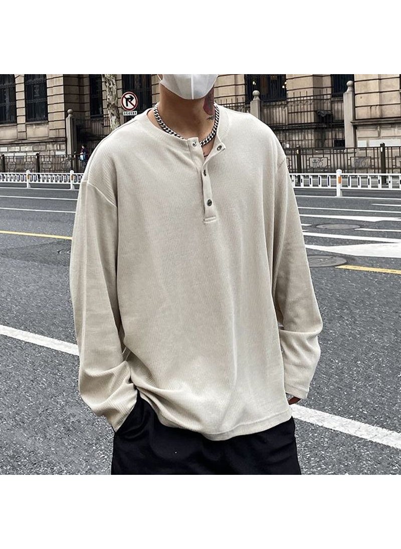 Oversized 300kg Henley Long Sleeve T-Shirt Unisex Spring Autumn Retro Pullover Polo Top Apricot