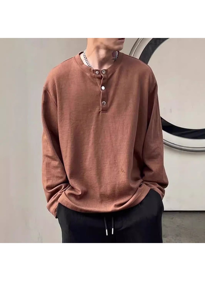 Oversized 300kg Henley Long Sleeve T-Shirt Unisex Spring Autumn Retro Pullover Polo Top Apricot