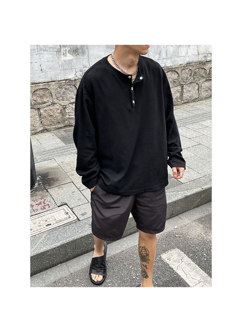 Oversized 300kg Henley Long Sleeve T-Shirt Unisex Spring Autumn Retro Pullover Polo Top Black