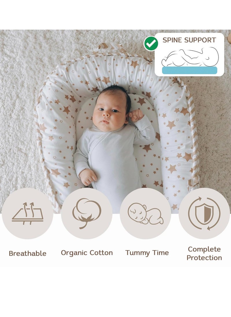 Baby Nest, Baby Lounger, Organic Cotton Lounger for Baby, Reversible Breathable Adjustable Portable - Star Collection (White/Tan)