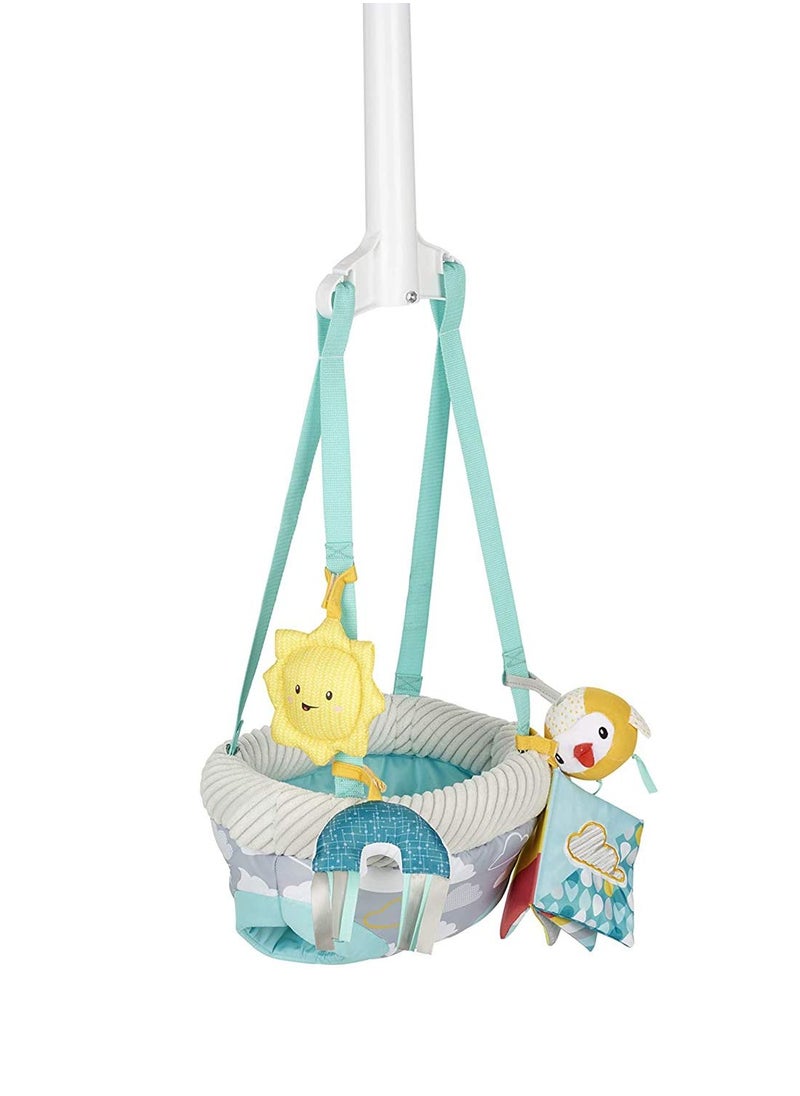 Evenflo Exersaucer Baby Hanging Clampable Doorway Jumper with 4 Removable Toys, Peek a Boo Flip -Book, and Mirror, Sweet Skies
