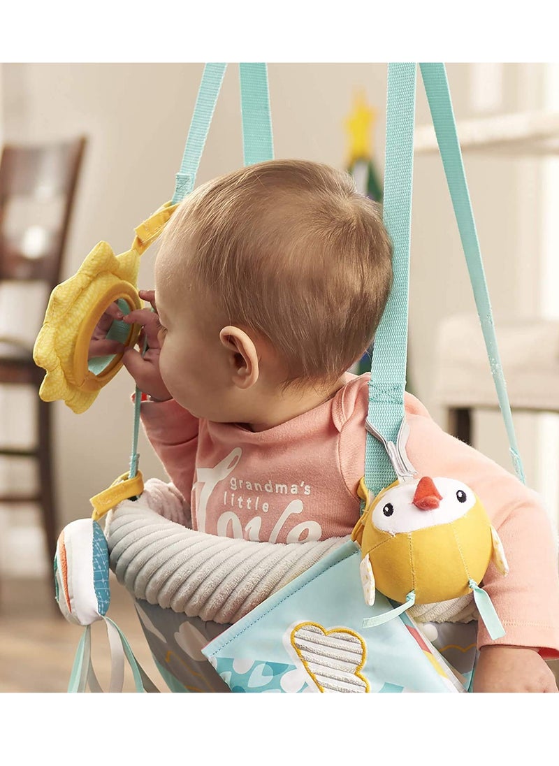 Evenflo Exersaucer Baby Hanging Clampable Doorway Jumper with 4 Removable Toys, Peek a Boo Flip -Book, and Mirror, Sweet Skies