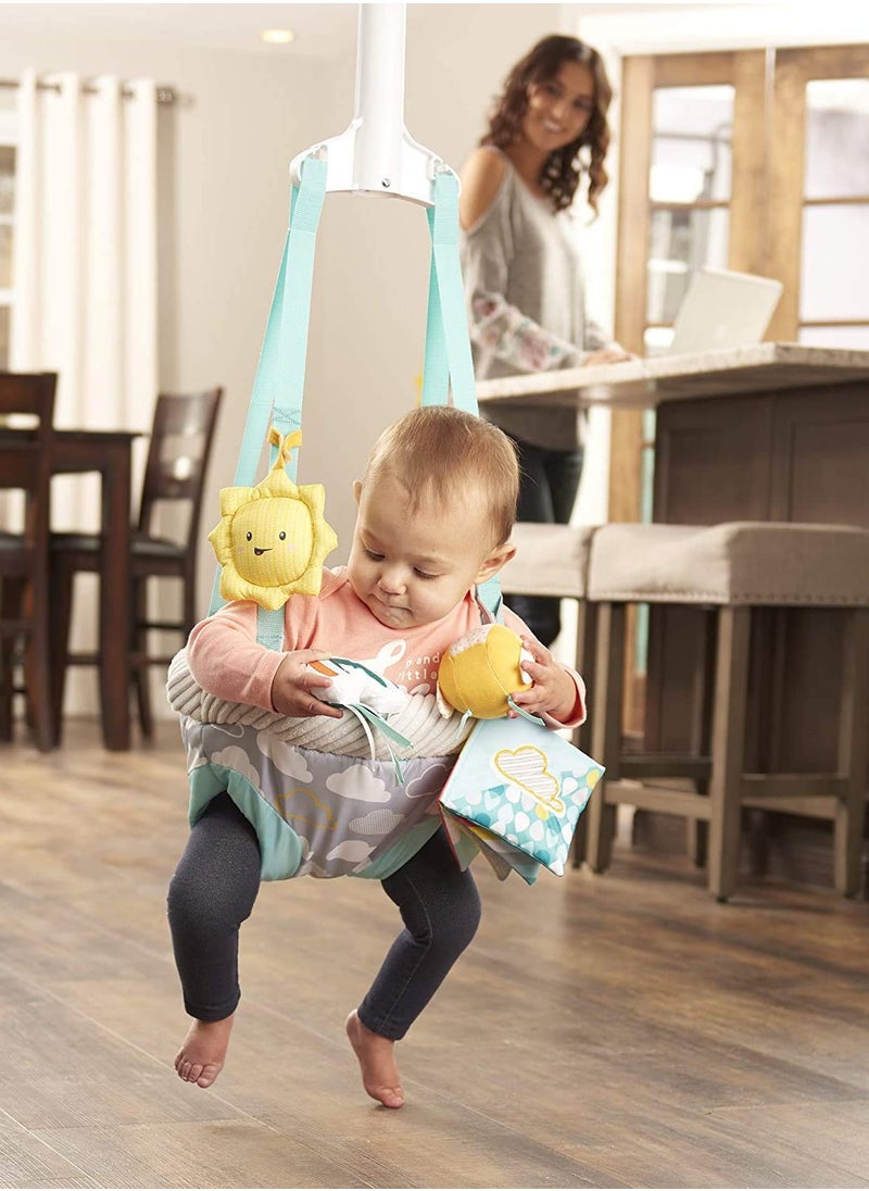 Evenflo Exersaucer Baby Hanging Clampable Doorway Jumper with 4 Removable Toys, Peek a Boo Flip -Book, and Mirror, Sweet Skies
