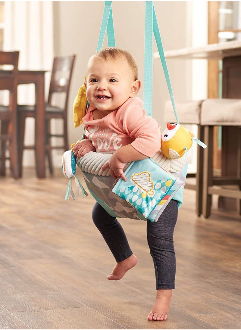 Evenflo Exersaucer Baby Hanging Clampable Doorway Jumper with 4 Removable Toys, Peek a Boo Flip -Book, and Mirror, Sweet Skies