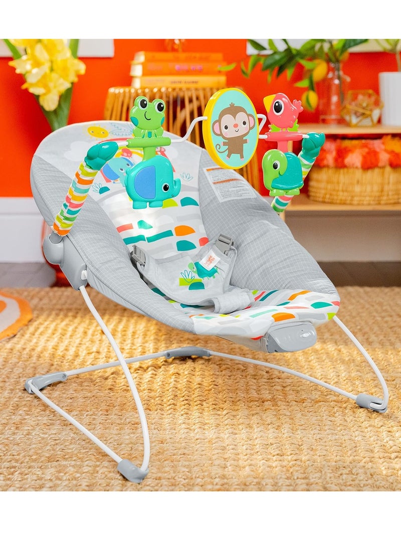 Bright Starts Playful Paradise Comfy Baby Bouncer Seat with Soothing Vibration and Toys, Unisex, 0-6 Months